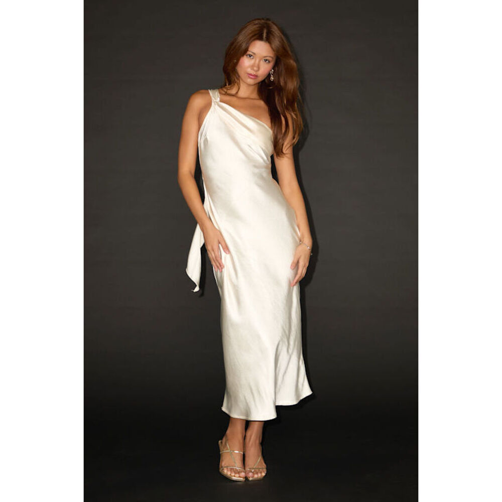 Lulus Naima White Satin One-shoulder Midi Dress - Size S